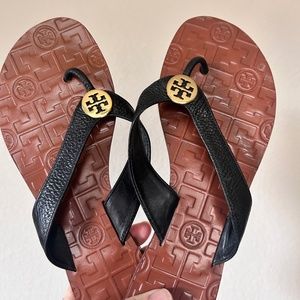 Tory Burch THORA Leather Thong Sandals Size 8 Black Rt $198